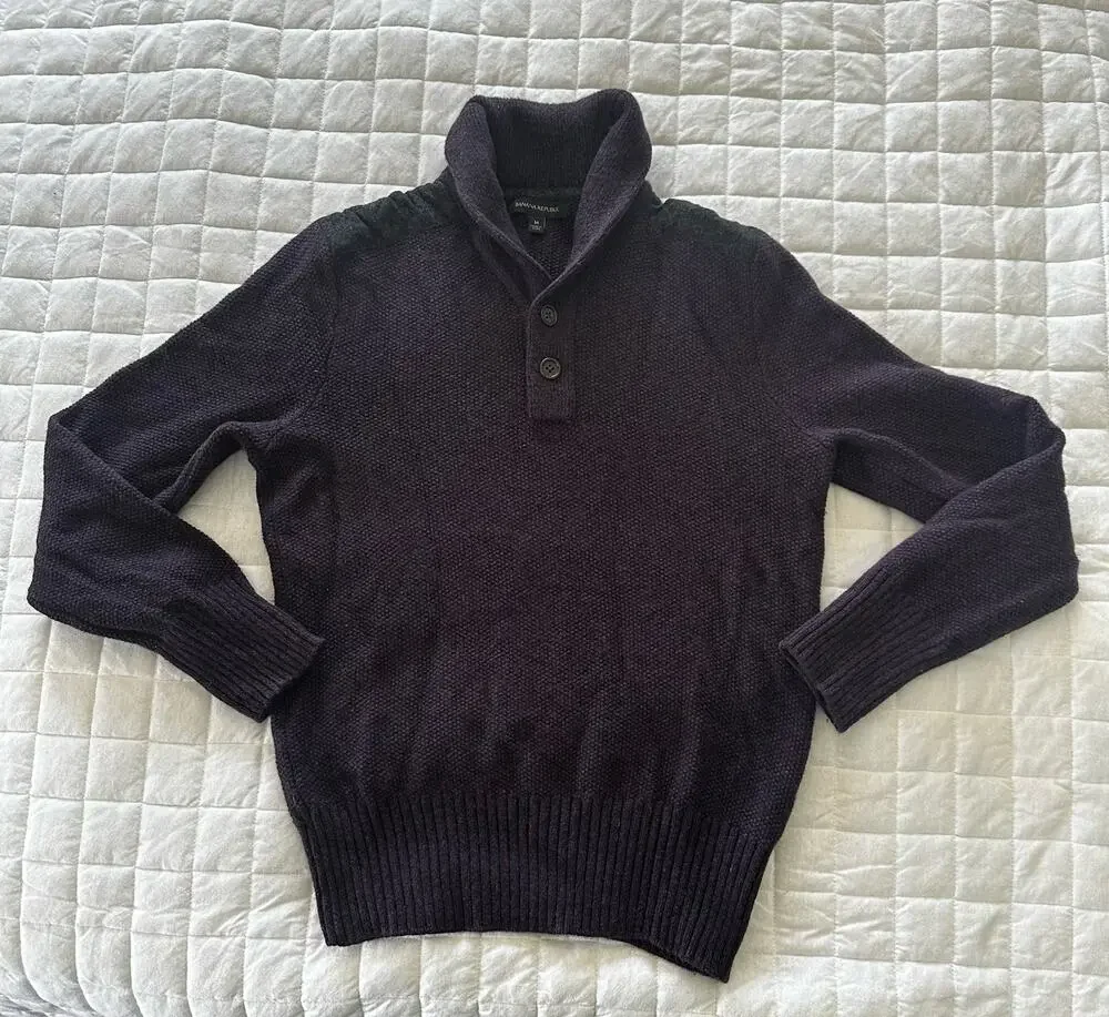 Banana Republic Sweater Mens Dark Purple Shawl Collar Wool Blend Shoulder Patch